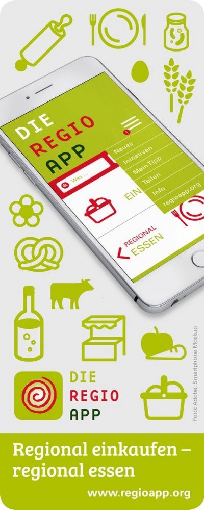 RegioApp-Banner Das Bild zeigt ein Werbebanner der RegioApp mit smbolischem Handy und verschiedenen Symbolen für regionale Produkte