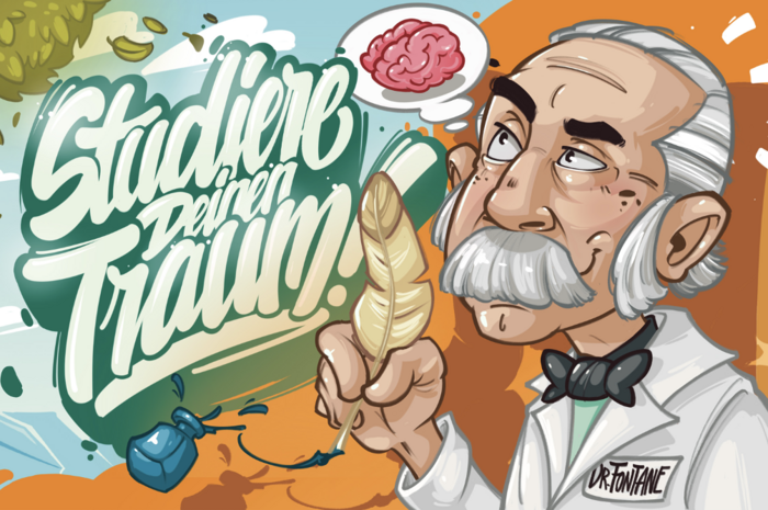 Das Bild zeigt Fontane als Komic-Figur im Arztkittel